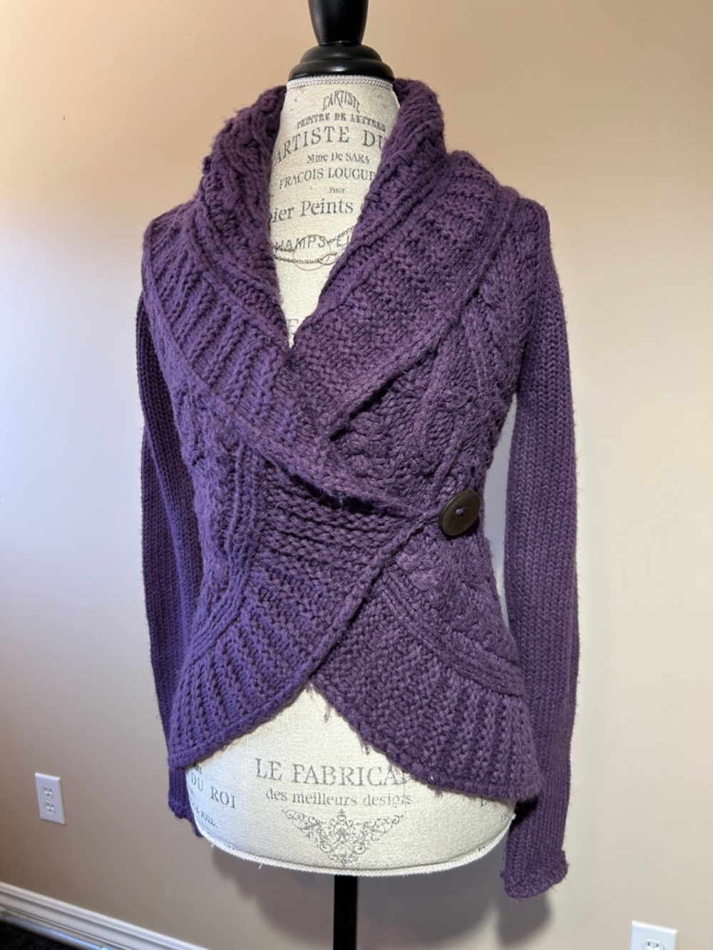 Cable Knit Cardigan, Criss-crossed, Toggle Closure, Purple (size medium)